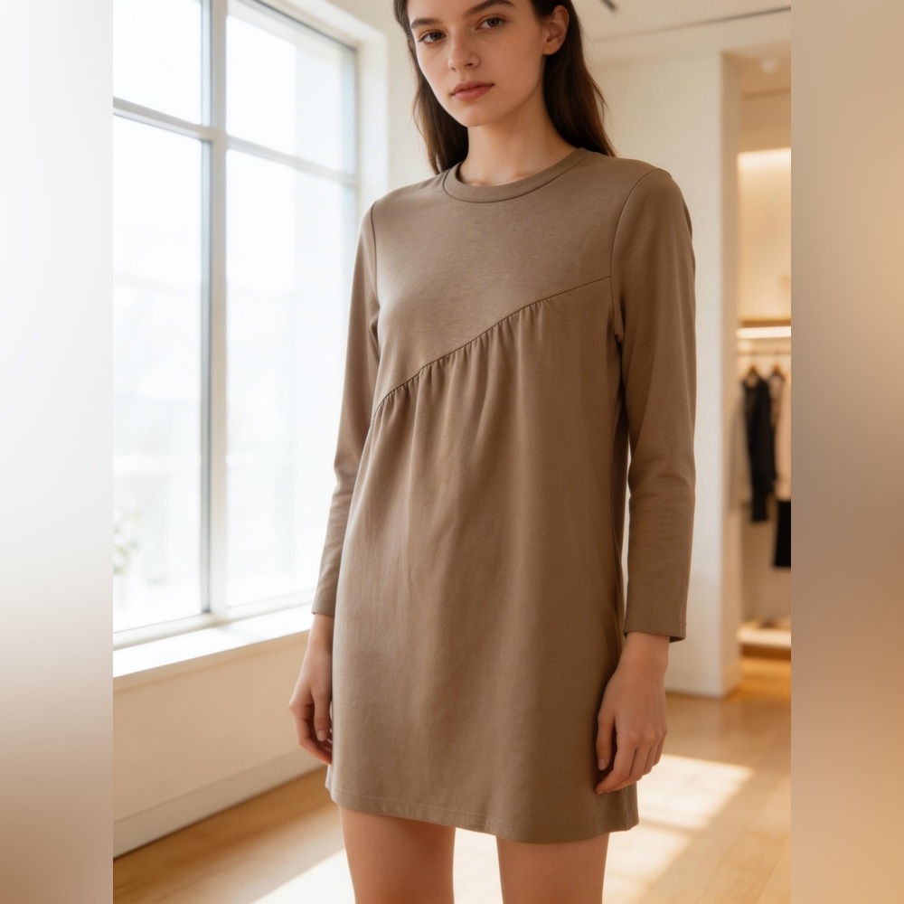 Ladies Elegant Tan Pretty Garden Brand Long Sleeve Dress